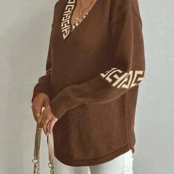 Multicolor Casual Women's V-Neck Drop Shoulder Loose Pullover Sweater - Picture 5 of 6